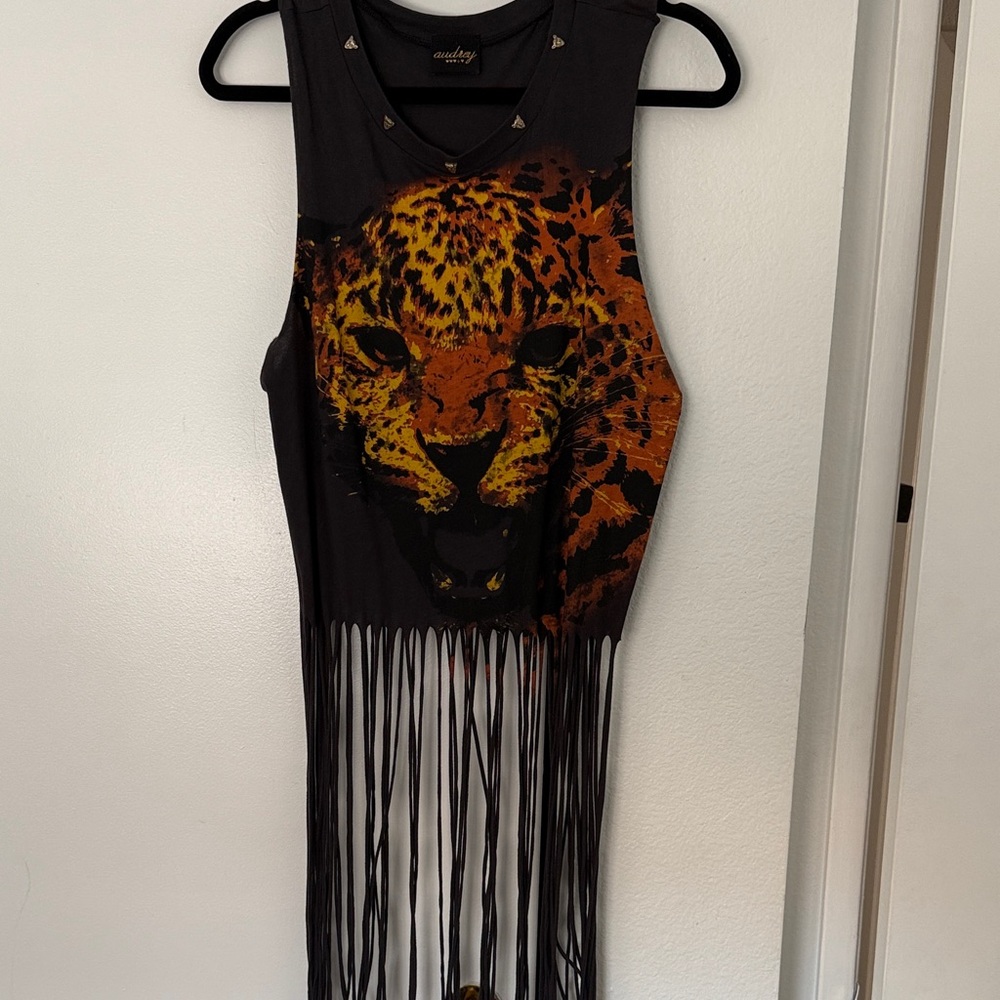 Black Fringe Tank Top with Leopard Print